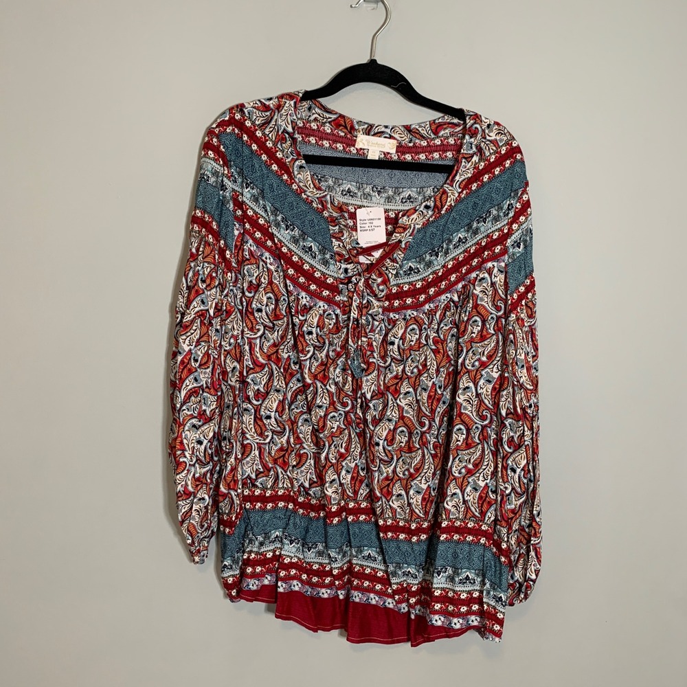 NEW Weekend Suzanne Betro 4X Red Blue Paisley Print Lace Up Tunic Top